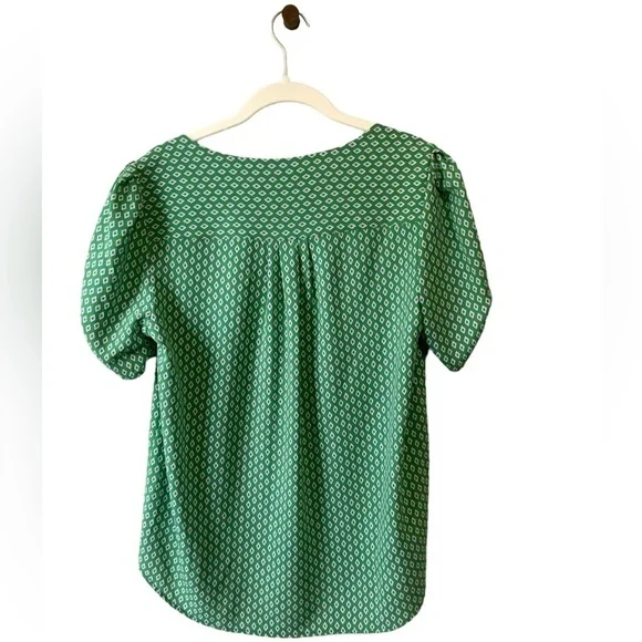 Carolina Belle Green White Blouse Side Ruched Puff Sleeves Top - Medium - Picture 4 of 5